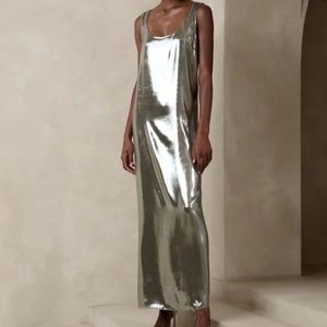 BANANA REPUBLIC MAXIME METALLIC MAXI DRESS - SILVER, XS